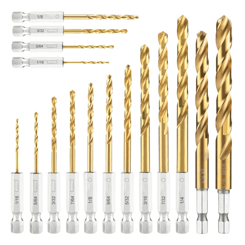 amoolo Hex Shank Drill Bit Set, 16pcs Titanium HSS Twist Impact Drill Bit Set for Metal, Steel, Wood, Plastic, Quick Change Design (1/16â€-3/8â€) - Image 1